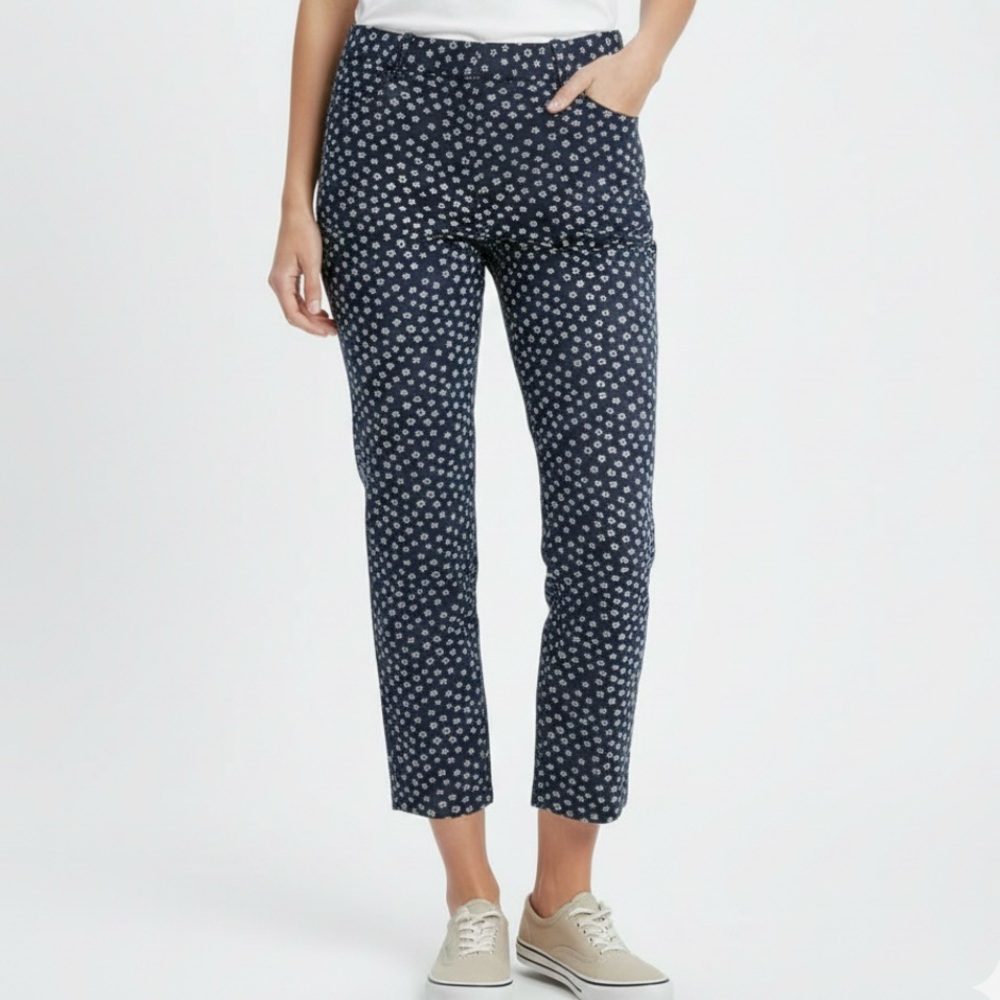 J. Crew Blue Cropped Ankle Tapered Floral Flat Front Pants 6 Business Casual Job